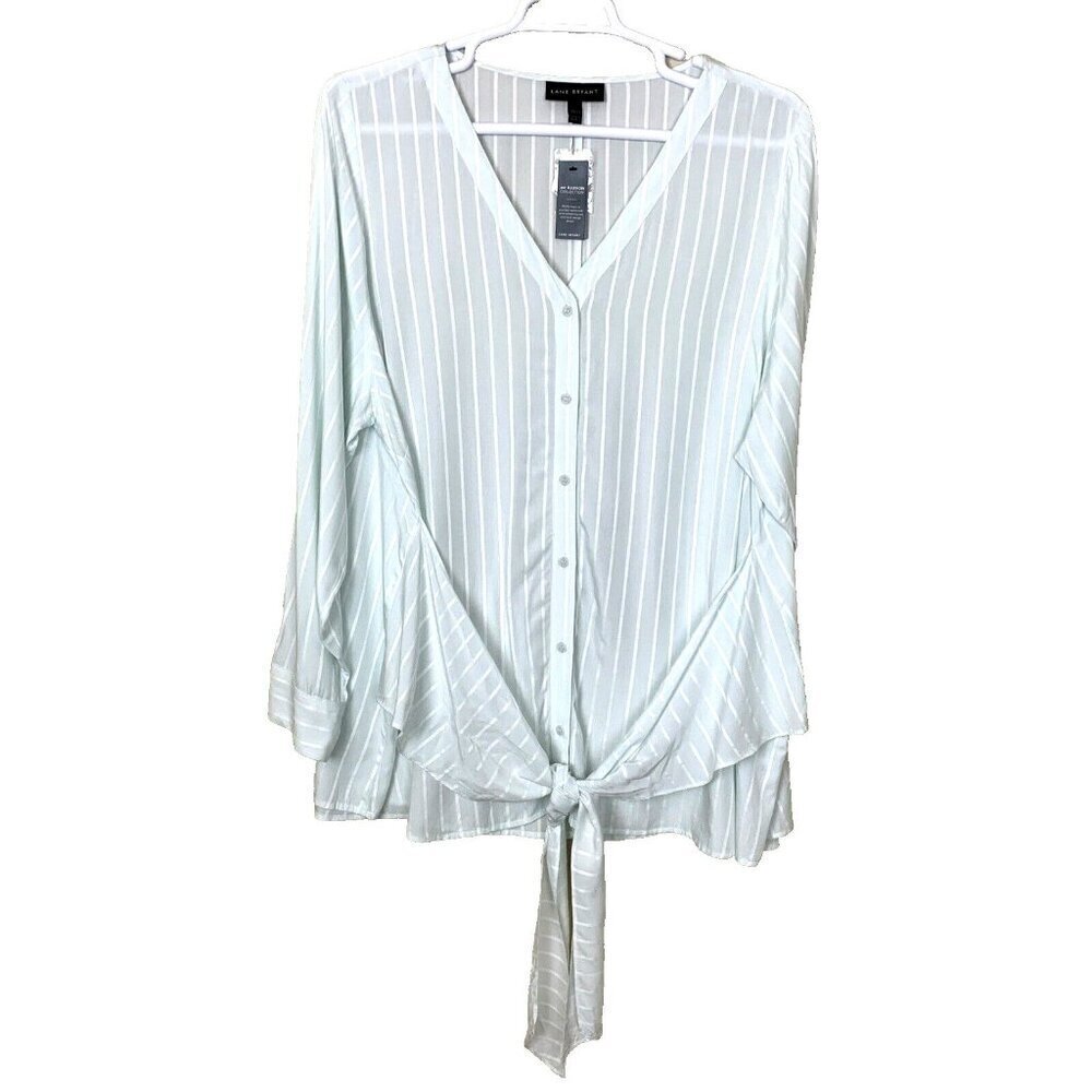 Lane‎ Bryant Womens Top 22 24 Long Sleeve Wrap Tie Green Rayon Stripe NEW Shirt